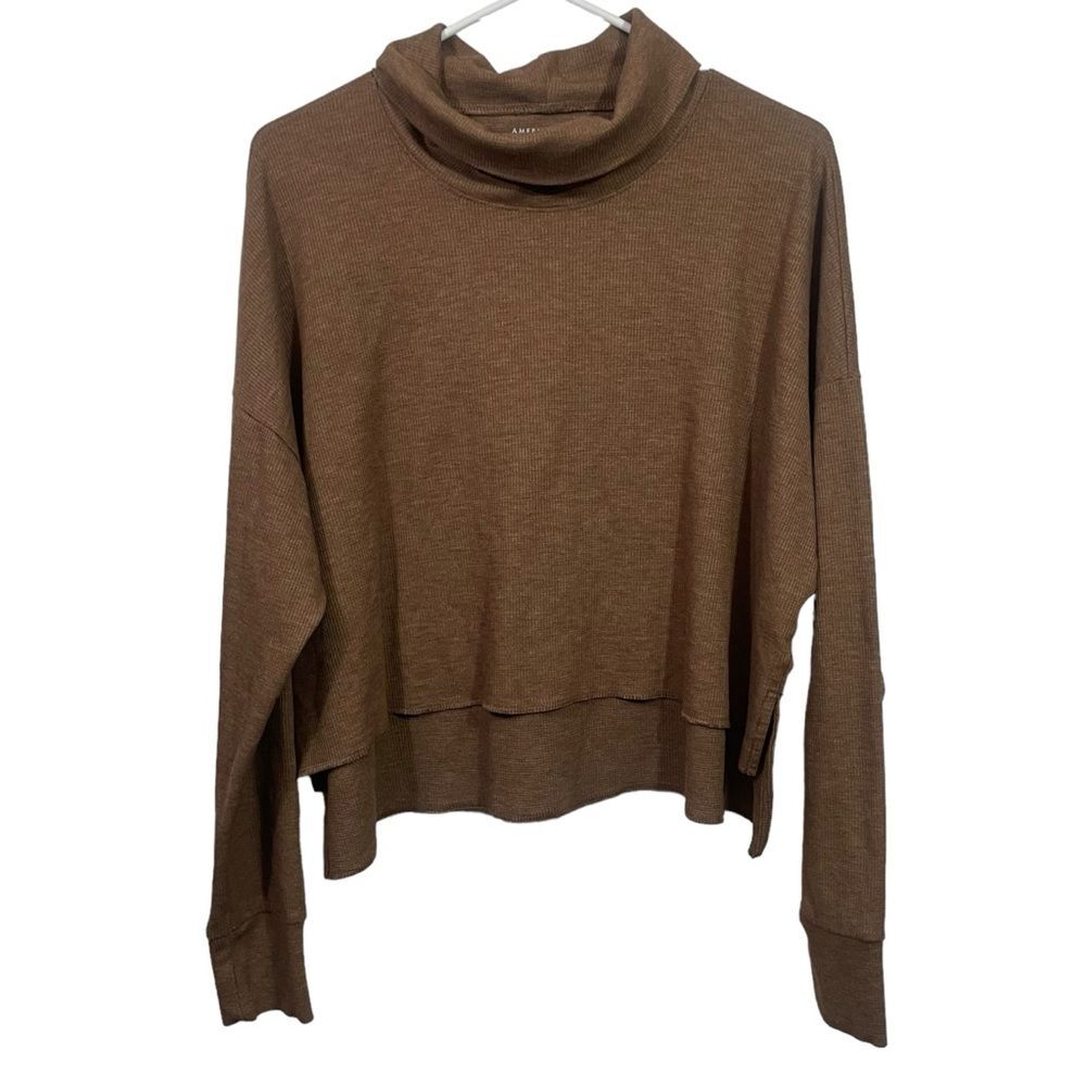 American Eagle High Neck Brown Waffle Knit Long Sleeve Shirt